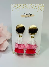 Image 1 of Mini Tiered Tassel Dangle Drop Earrings (White & Pink)