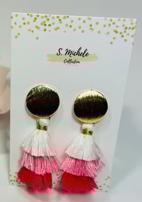 Image 2 of Mini Tiered Tassel Dangle Drop Earrings (White & Pink)