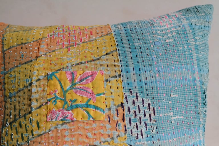 Small Blue Check Kantha Cushion  Image 2