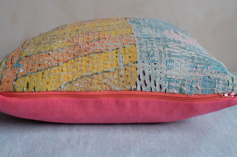 Small Blue Check Kantha Cushion  Image 4