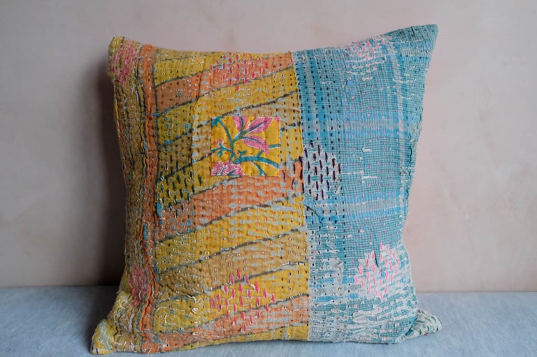 Small Blue Check Kantha Cushion 