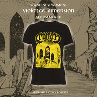 (LADIES FIT) Violence Dimension yellow on black t shirt (LADIES FIT) 