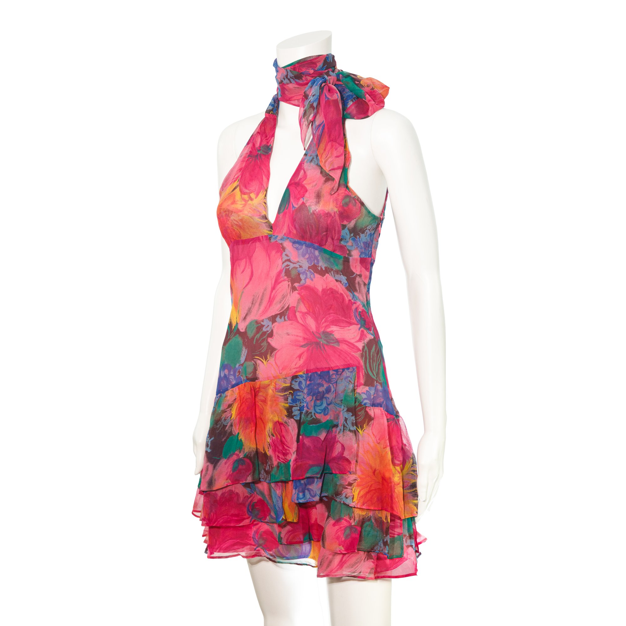 Image of Dolce & Gabbana Silk Ruffle Flower Print Mini Dress