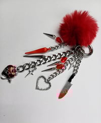 Image 2 of Bloody Valentine Gothic Bag Charm - Red Pom Pom with Knife and Heart Charms