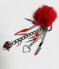 Image 1 of Bloody Valentine Gothic Bag Charm - Red Pom Pom with Knife and Heart Charms