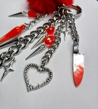 Image 3 of Bloody Valentine Gothic Bag Charm - Red Pom Pom with Knife and Heart Charms
