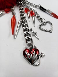Image 4 of Bloody Valentine Gothic Bag Charm - Red Pom Pom with Knife and Heart Charms