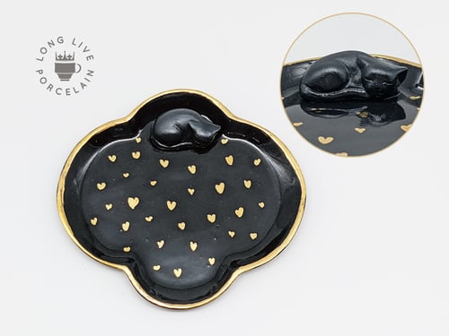 Image of Black and Gold Hearts Cat Ring Dish 