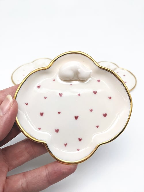 Image of Red Hearts Cat Ring Dish with 18k Gold Rim