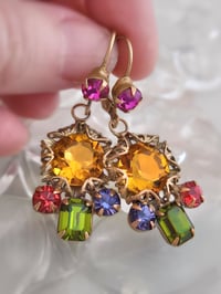 Image 2 of Art Deco Crystal Earrings - Gold-Tone and Topaz, Pink, Purple, Green Multi-Stone Dangle Earrings