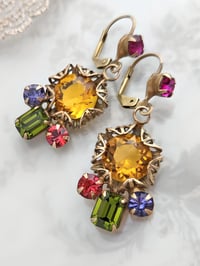Image 1 of Art Deco Crystal Earrings - Gold-Tone and Topaz, Pink, Purple, Green Multi-Stone Dangle Earrings