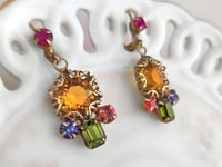 Image 4 of Art Deco Crystal Earrings - Gold-Tone and Topaz, Pink, Purple, Green Multi-Stone Dangle Earrings