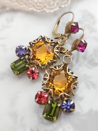 Image 5 of Art Deco Crystal Earrings - Gold-Tone and Topaz, Pink, Purple, Green Multi-Stone Dangle Earrings