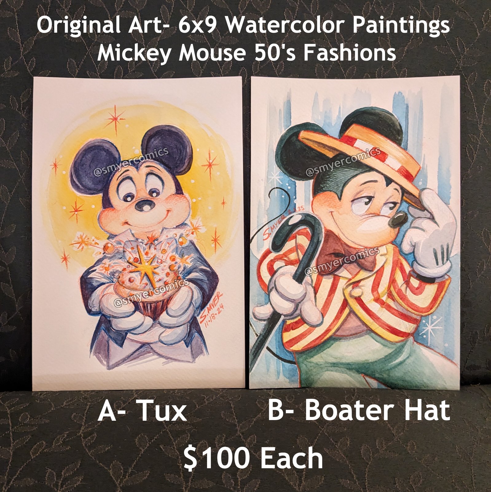 Original Art- 6x9 Watercolor Mickey Mouse 50s Fashion | SMyerComics