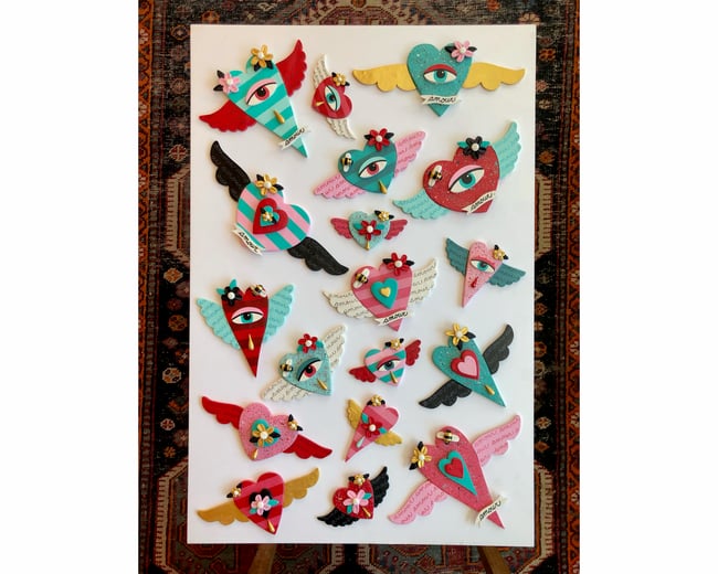 Your choice of 18 Winged Hearts with Eyes, Bees and Flowers Clay Wall Hangings
