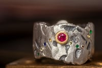 Image 1 of 'crater' - Recycled silver and 9ct gold ring with Ruby, Sapphire and Emerald