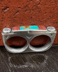 Image 3 of WL&A Handmade Sterling Silver Royston & Red Coral Inlay Medicine Knuckle Duster - Size 10