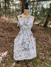 Image 1 of Linen Pinafore Apron in Natural with Black & White Floral 