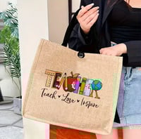 Image 1 of “Teacher” Burlap Tote