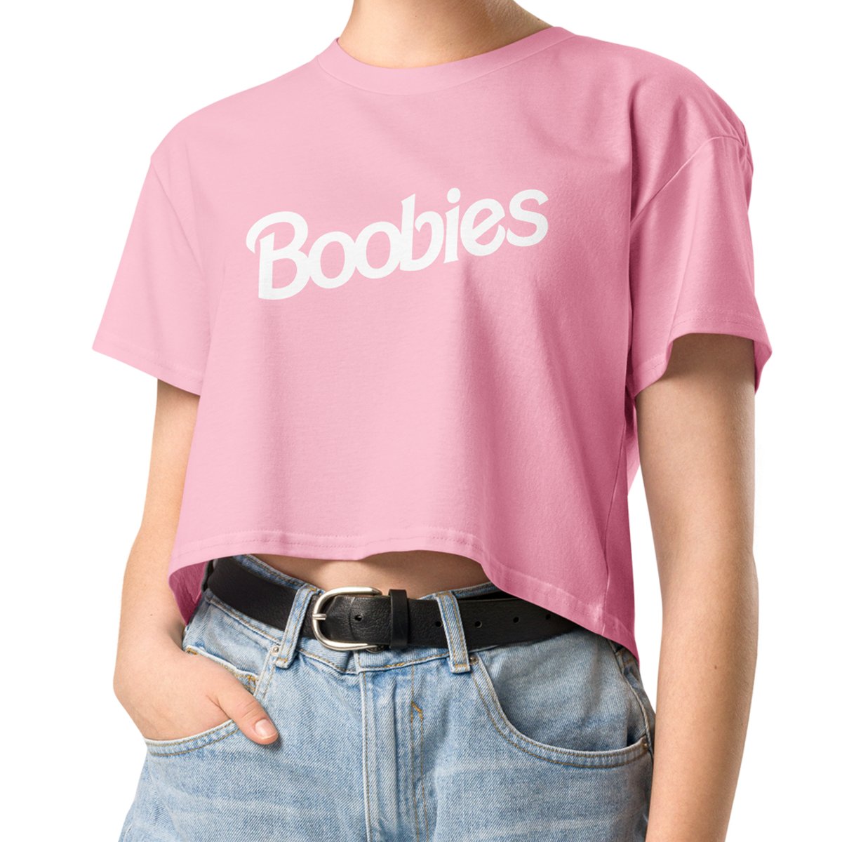 Image of Boobies Pink Crop Top - White Text