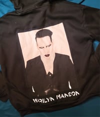 Image 1 of Marilyn Manson zip front patch hoodie sweatshirt. Black full zip hoodie sweatshirt size XL