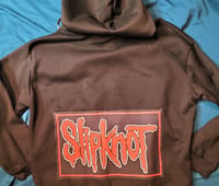 Image 1 of Slipknot zip front patch hoodie sweatshirt, XL. Black full zip front hoodie sweatshirt. 