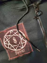 Image 3 of Slipknot zip front patch hoodie sweatshirt, XL. Black full zip front hoodie sweatshirt. 