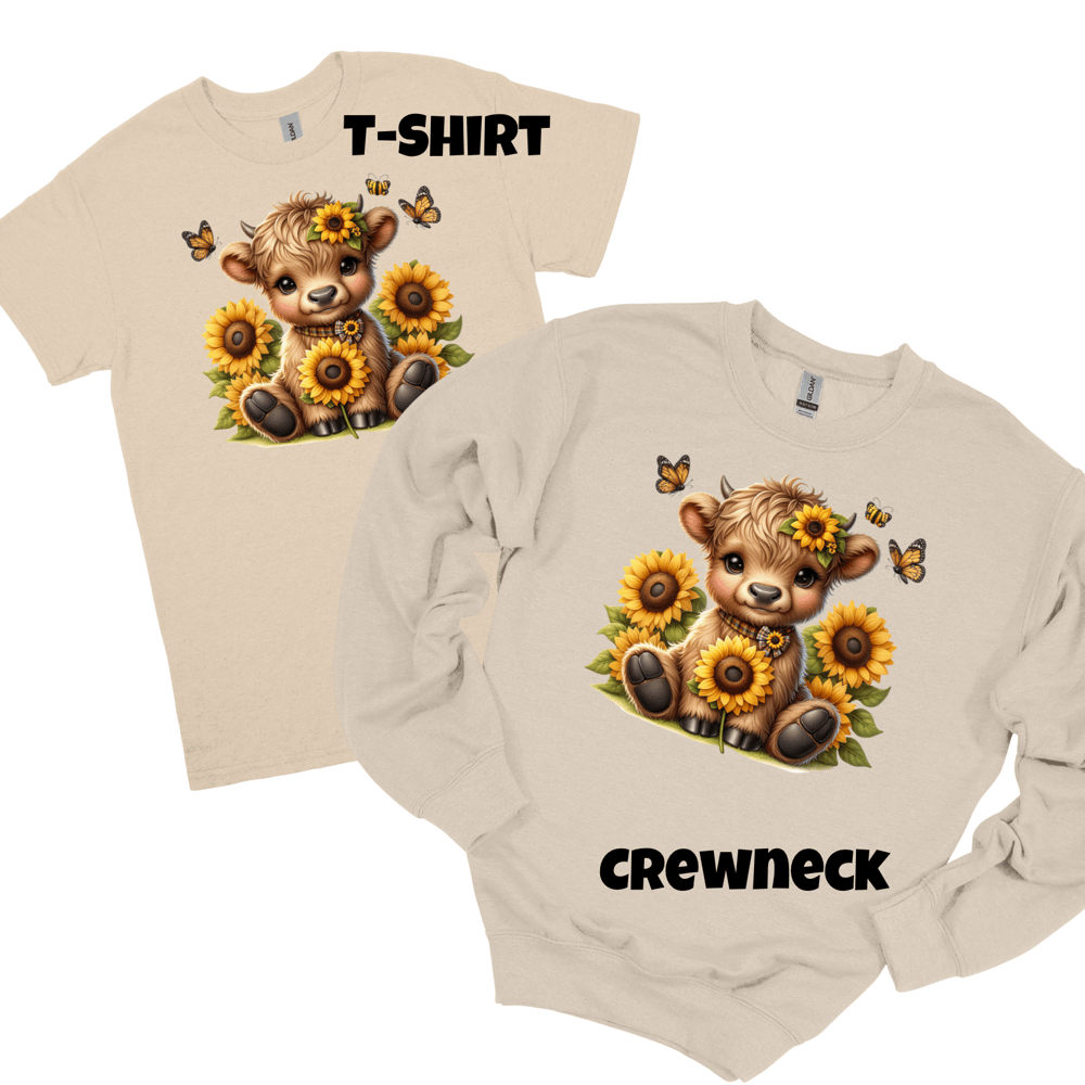Image of *Clearance* Sunflower Cow SAND T-shirt OR Crewneck🐮🌻
