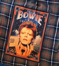 Image 1 of David Bowie Carnegie Hall band patch flannel XL. Repurposed brown, blue, red plaid flannel