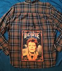 Image 2 of David Bowie Carnegie Hall band patch flannel XL. Repurposed brown, blue, red plaid flannel