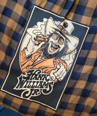 Image 2 of Hank Williams Jr cartoon patch flannel, XL. Repurposed brown and blue buffalo check flannel