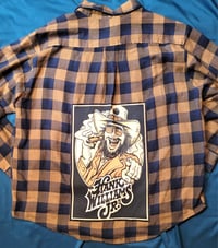 Image 1 of Hank Williams Jr cartoon patch flannel, XL. Repurposed brown and blue buffalo check flannel