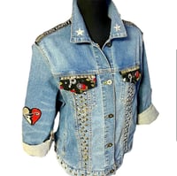 Image 1 of  Womens Uniqlo Stretch Denim jacket SZ - L. Revamped Silver studs pin up girl, old school tattoo