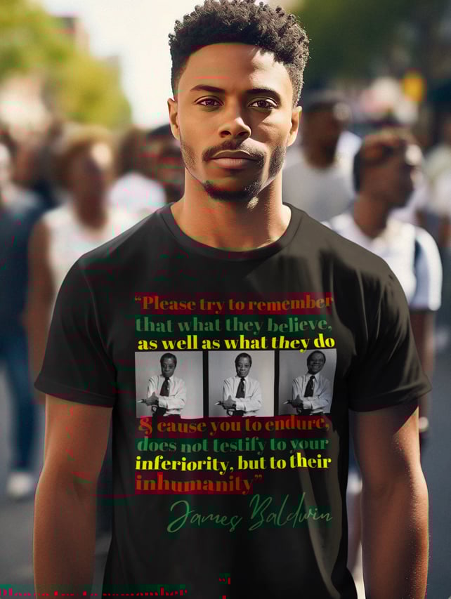 Image of James Baldwin  inferiority = inhumanity quote shirt