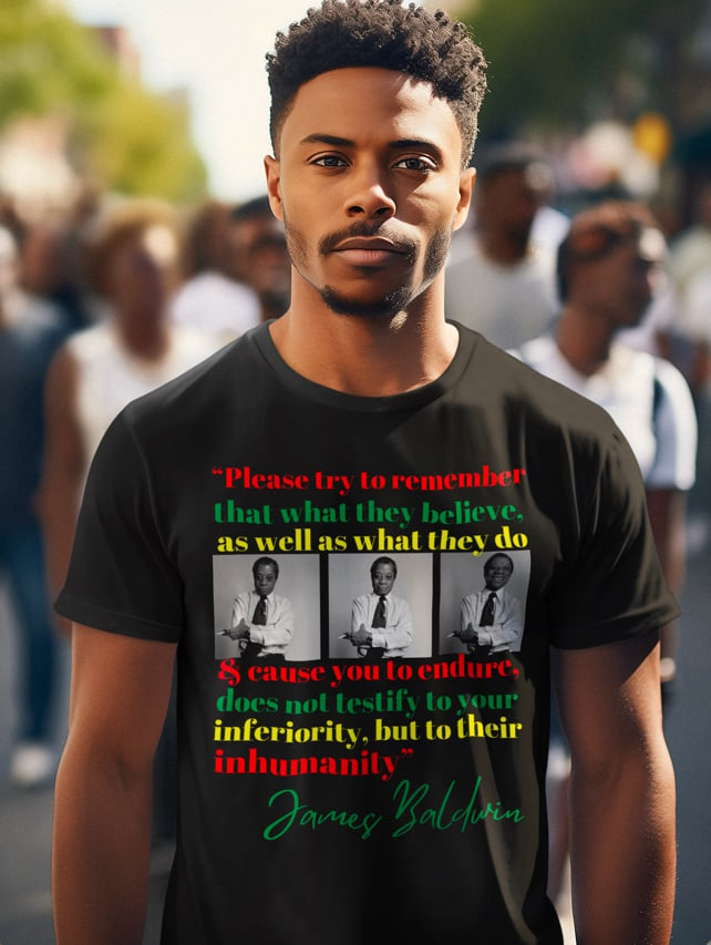 Image of James Baldwin  inferiority = inhumanity quote shirt