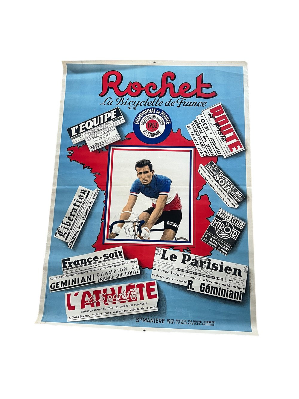 Commemorative poster "Cycle Rochet" Raphaël Geminiani 1953 French professional road champion