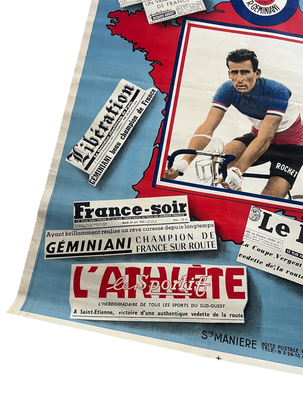 Commemorative poster "Cycle Rochet" Raphaël Geminiani 1953 French professional road champion