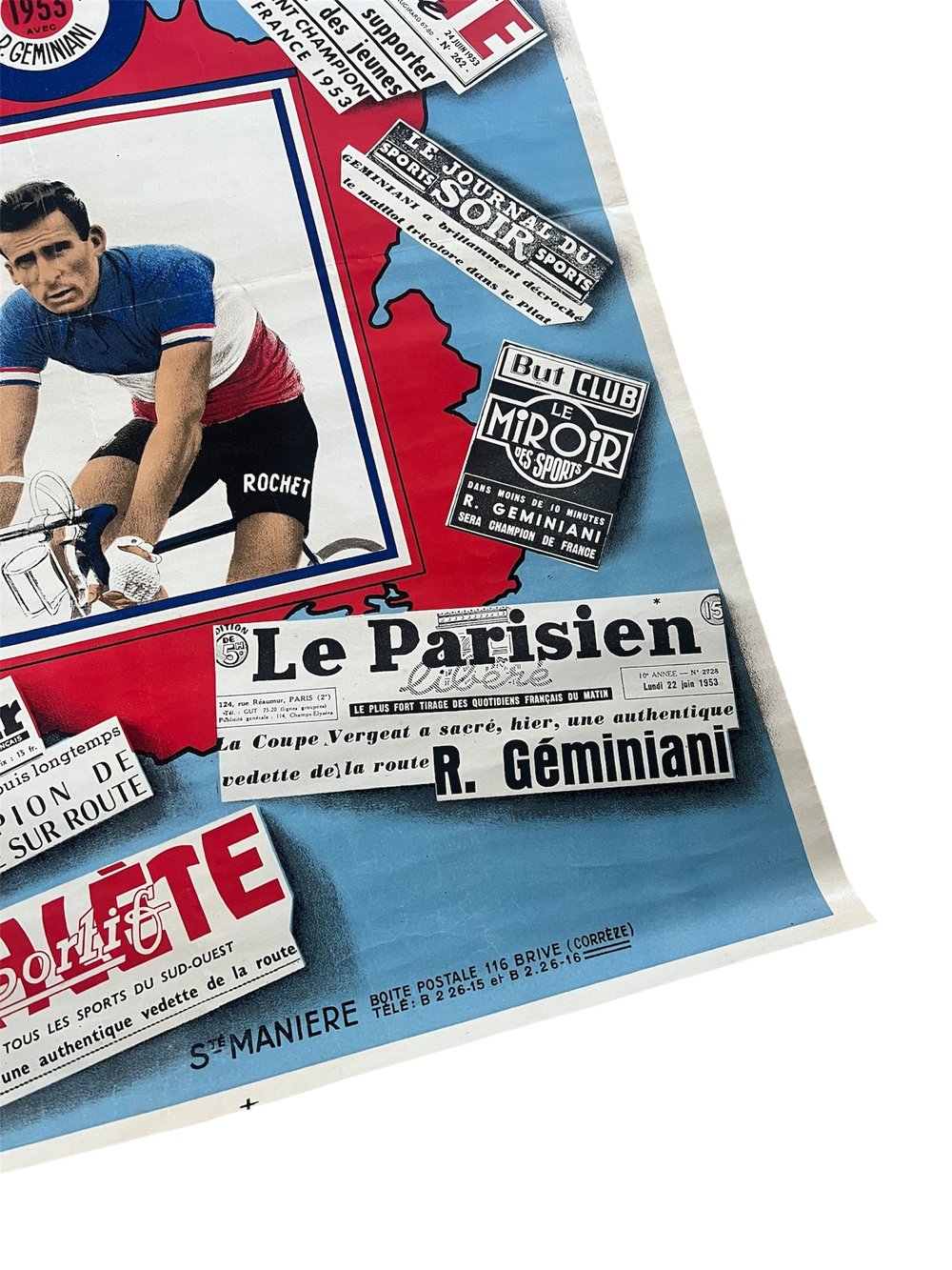 Commemorative poster "Cycle Rochet" Raphaël Geminiani 1953 French professional road champion