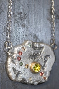 Image 2 of 'crater' - Recycled silver and 9ct pendant with peridot and sapphires