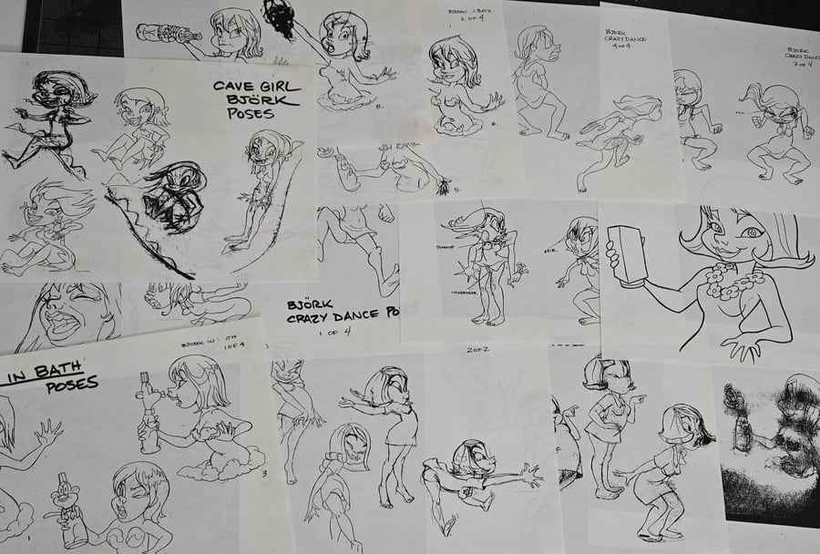 Image of BJORK "I MISS YOU" MUSIC VIDEO CARTOON MODEL SHEETS! 22 PAGES! SPUMCO! APPROVED BY CARTOONISTS!