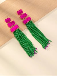Image 2 of Pink & Green Beaded Tassel Earrings 
