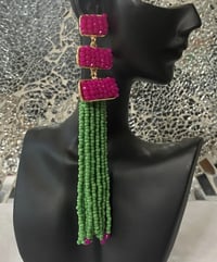 Image 1 of Pink & Green Beaded Tassel Earrings 
