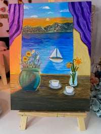 Image 1 of Flower vase + window view acrylic painting 9 x 12” Canva panel  
