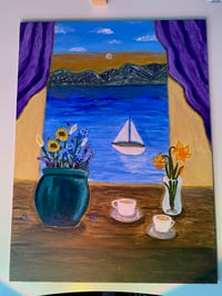 Image 2 of Flower vase + window view acrylic painting 9 x 12” Canva panel  