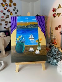 Image 3 of Flower vase + window view acrylic painting 9 x 12” Canva panel  
