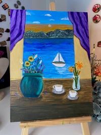 Image 4 of Flower vase + window view acrylic painting 9 x 12” Canva panel  