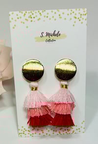 Image 2 of Mini Tiered Tassel Dangle Drop Earrings (Pink & Red)
