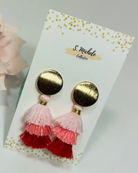Image 3 of Mini Tiered Tassel Dangle Drop Earrings (Pink & Red)