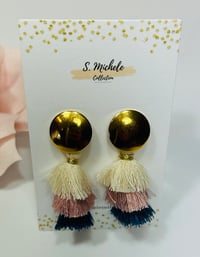 Image 2 of Mini Tiered Tassel Dangle Drop Earrings (Mauve & Blue)