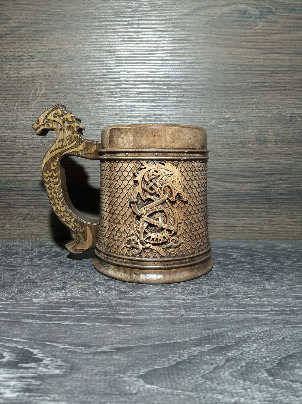 Image of Fenrir Wooden beer mug, Gift for him, Celtic beer tankard, 22oz, personalized gift, Vikings gift